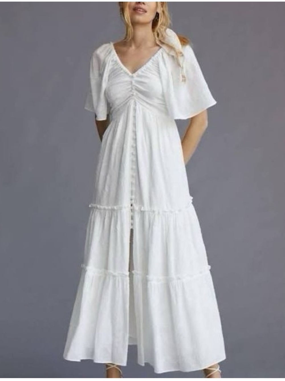 NWT Anthropologie size XL White Tiered Maxi Dress with V-Neck